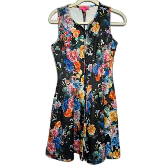 Betsey Johnson Scuba Fit and Flare Dress Floral Maximalist Black size 2 Small - Picture 1 of 4